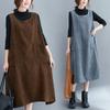 Autumn Winter Black Gray Brown Corduroy Dress Sleeveless Tank Top A-line Dress Women Front Pockets Vintage Midi Vestidos