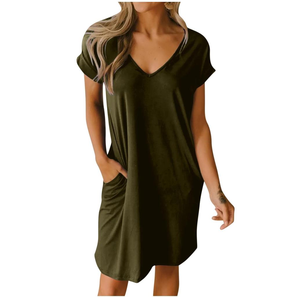 Women's Summer Dresses Casual Sundress Loose Flowy V Neck Short Sleeve Mini-Dresses With Pockets