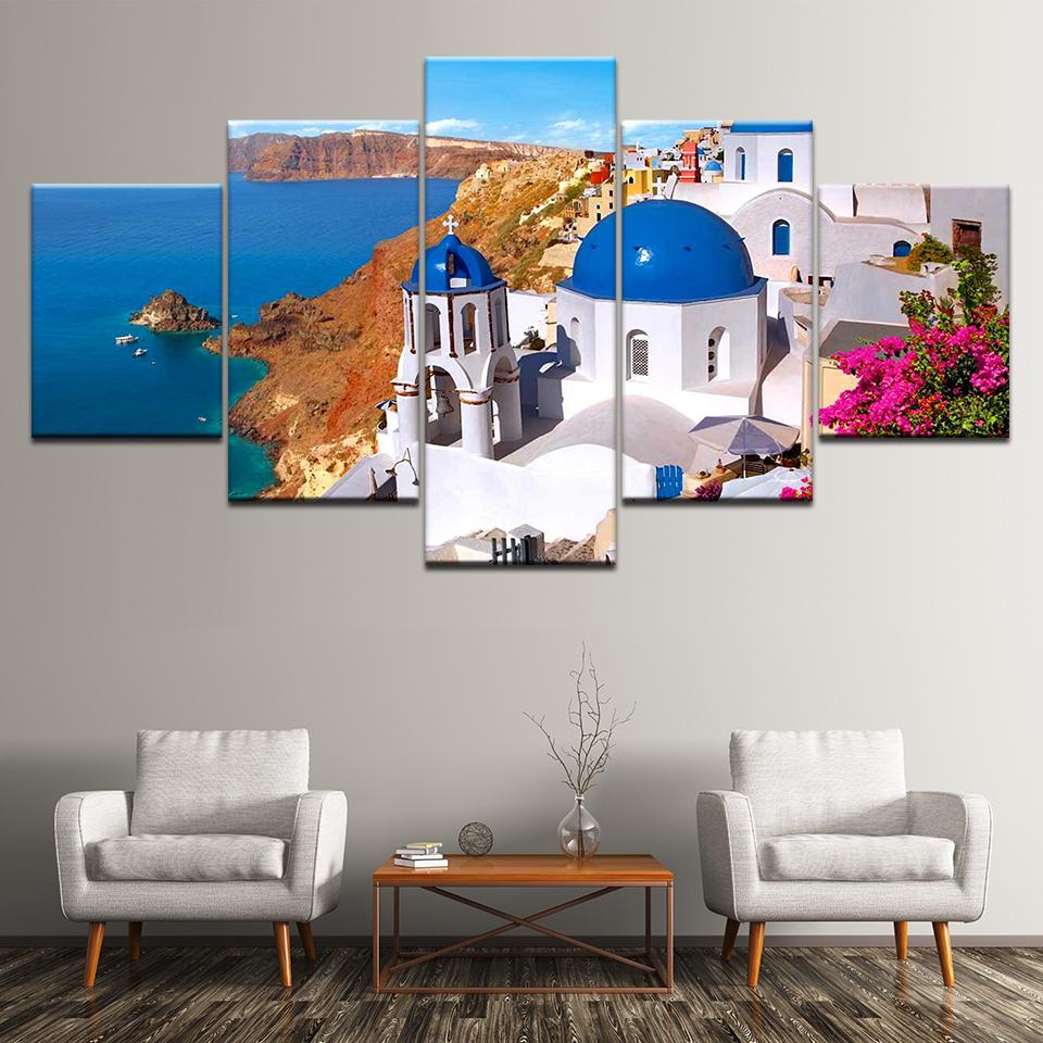 Canvas Painting thira Greece Santorini Blue Ocean 5 Pieces Wall Art Painting Modular Wallpapers Poster Print Home Decor