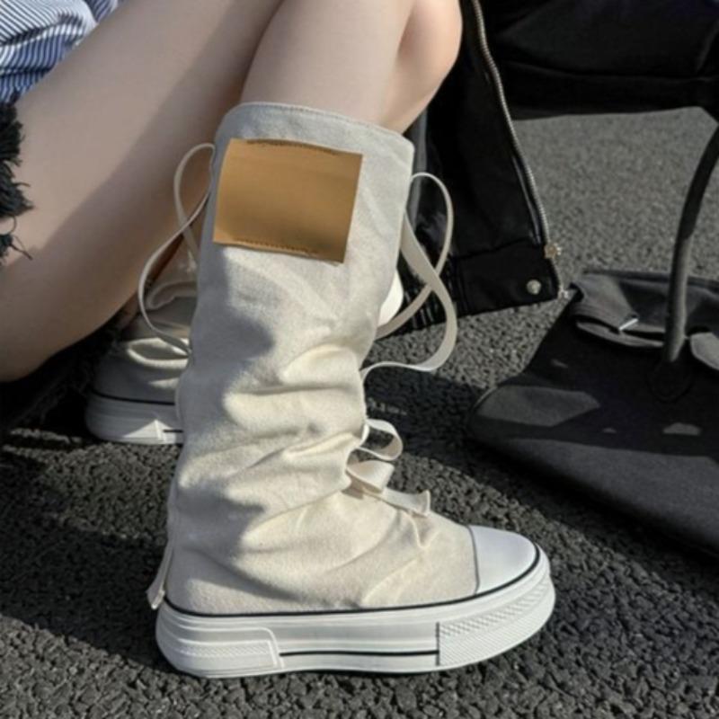 Модные женские ботинки Новые парусиновые кроссовки с высоким верхом Женская мода Высокое качество Голенище-бочонок со сборками Дышащая удобная обувь для женщин