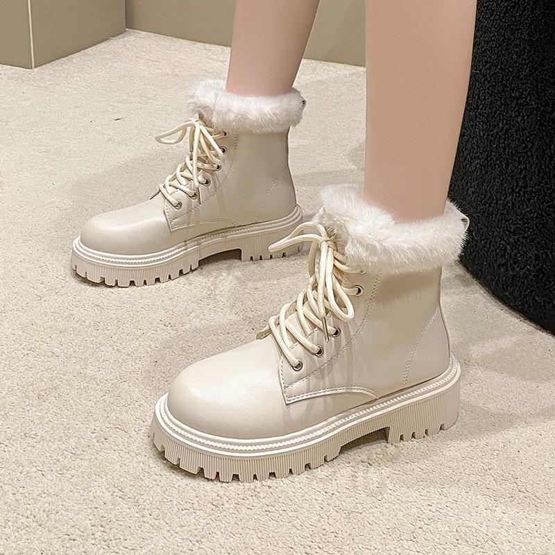 Fashion Winter New Block Heel Cotton Boots Women's Fashion Round Toe Lace-Up Front Platform Non-Slip Short Shoes