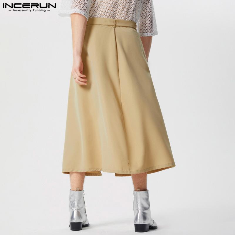INCERUN Men Solid Color Zipper Up Belted Shorts Skirts Irregular Kilts