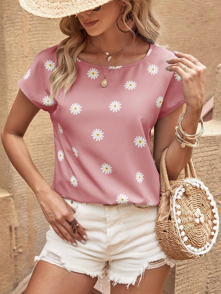 Летний топ с круглым вырезом, 3D-принтом с цветочным узором, модная повседневная женская футболка с коротким рукавом