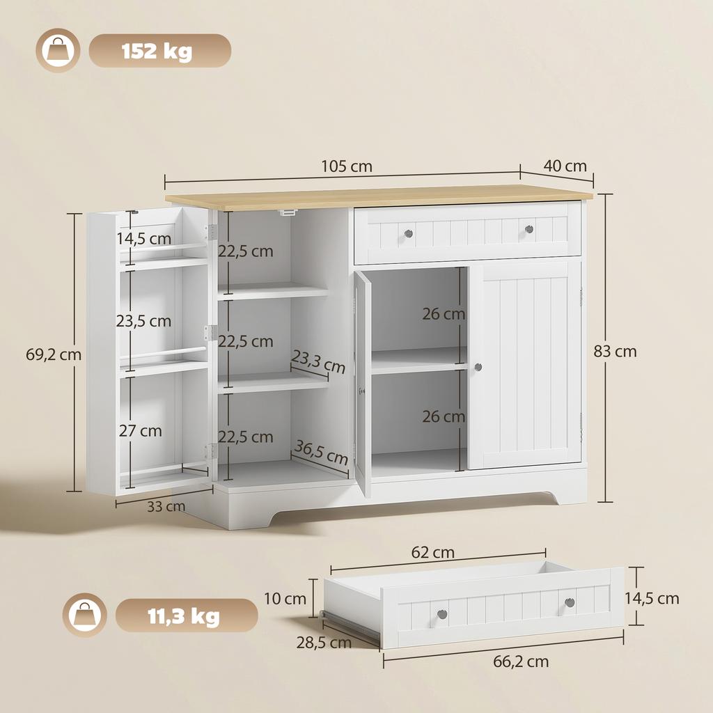 Buffet Cuisine Storage Cabinet With 3 Doors Drawer Door Shelves And Adjustable Shelf 105x40x83cm White