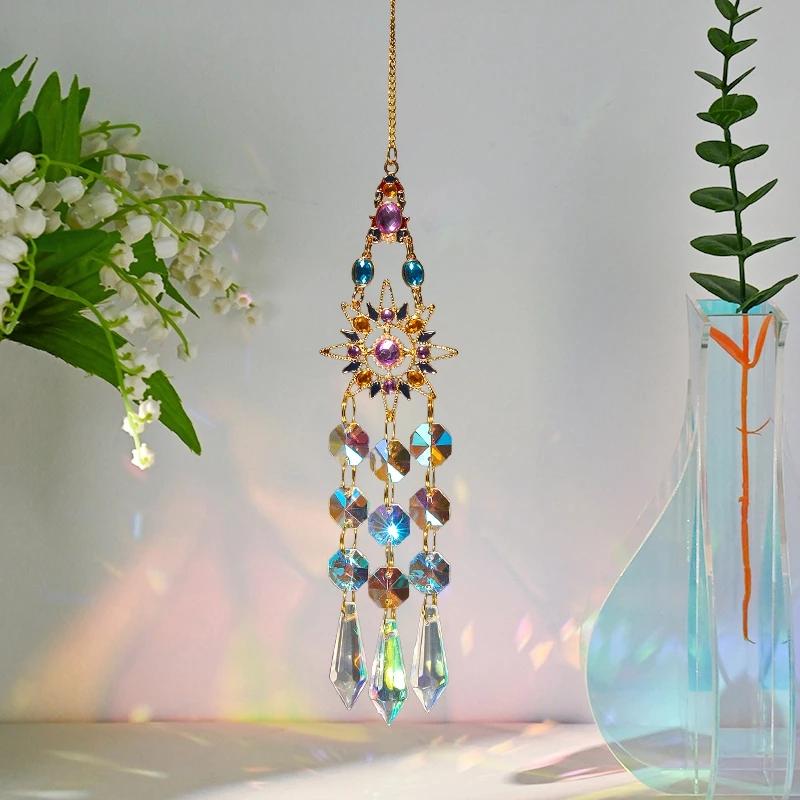 Crystal Pendant Suncatcher Window Prisms Rainbow Maker Vintage Wind Chimes Sun Moon Hanging Ornament Home Garden Decoration