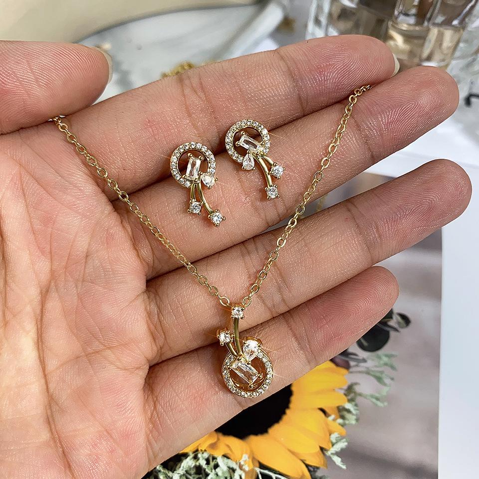 Нежные веточки циркон круг ожерелье серьги комплект женские позолоченные 18 карат позолоченные ювелирные изделия премиум-класса