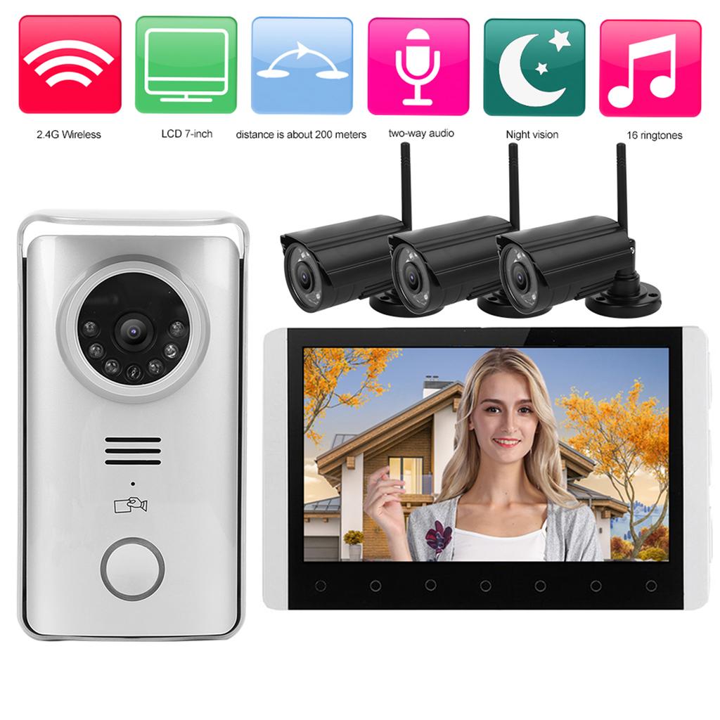 2.4G Wireless Video Intercom 7in TFT LCD Doorbell Swipes Card Night Vision Visual Doorphone with 3