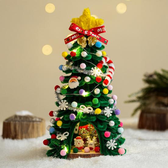 DIY Pipe Cleaners Christmas Tree Kit with String Light Twistable Plush Stick Xmas Tree Winter Bendable Fuzzy Stem Craft Kit for Holiday Home