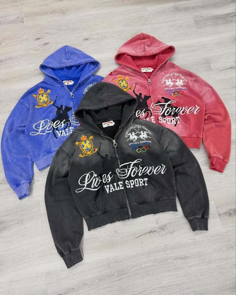 Vintage distressed hooded zipper sweatshirt for men and women, fur hem, heavy print loose, slimming American jacket
