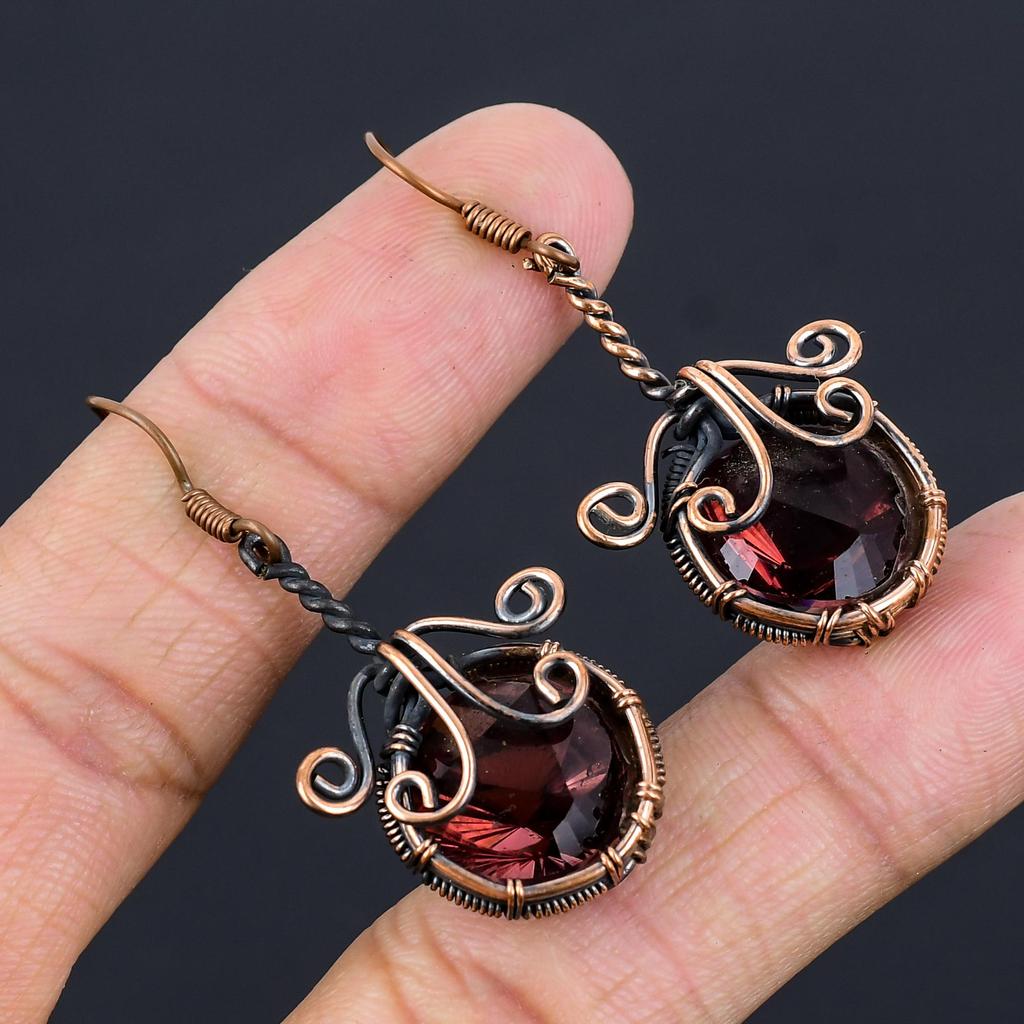 Серьги из розового аметиста, ювелирные изделия из драгоценных камней, серьги, обернутые медной проволокой 999 пробы, красивые серьги ручной работы