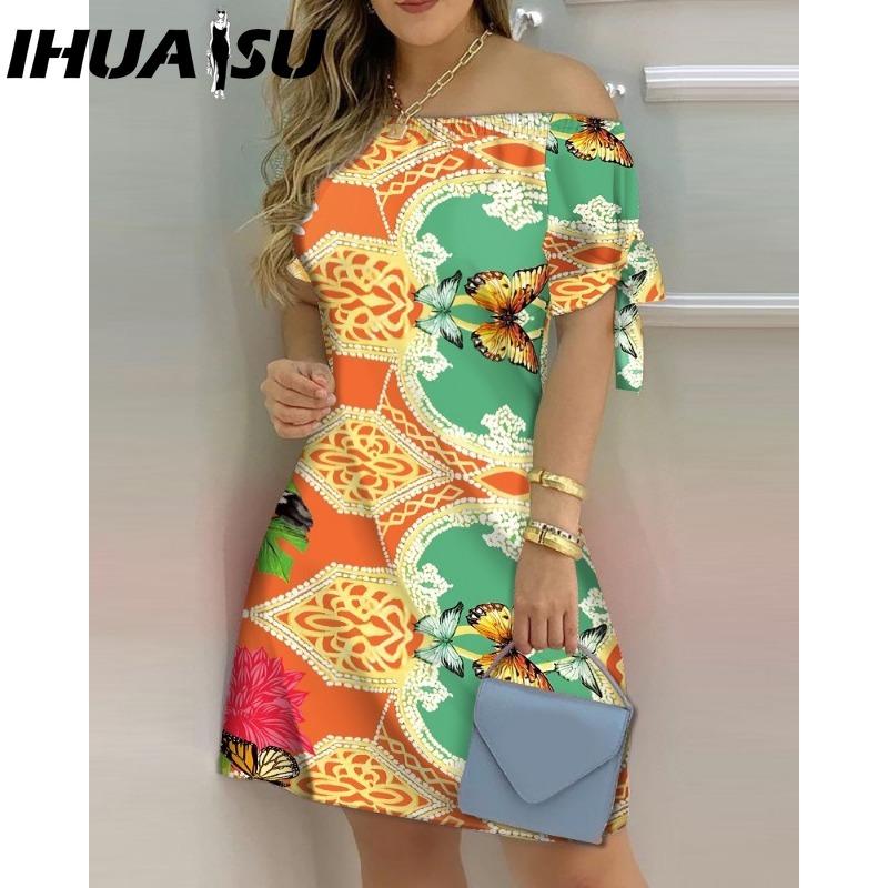 IHUASU Женское модное платье с открытыми плечами, короткие рукава, принт с бантом, летние пляжные платья больших размеров