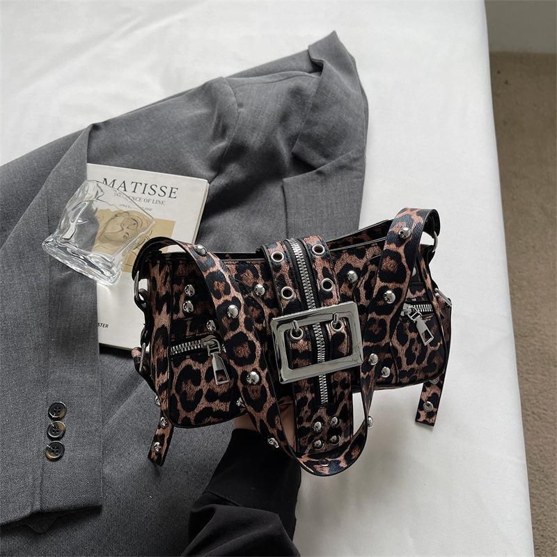Fashion Rivet Punk Style Women's Pu Shoulder Bags Retro Leopard Ladies Underarm Bag High-End Belt Design Cool Girls Handbags