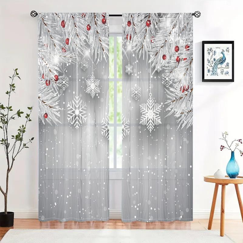 2 Pieces, Silver Pine Branch Snowflake Wood Curtain -30% Blackout - Suitable for Living Room, Bedroom, Kitchen, Home Decoration