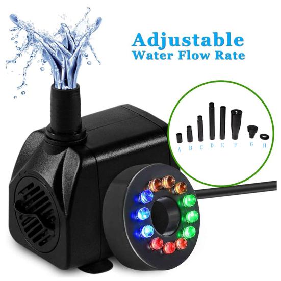 Fountain Pump with LED Light 12 Lamp Beads Strong Suction Cup Hydroponics Garden Pond Fish Tank Aquarium Pump