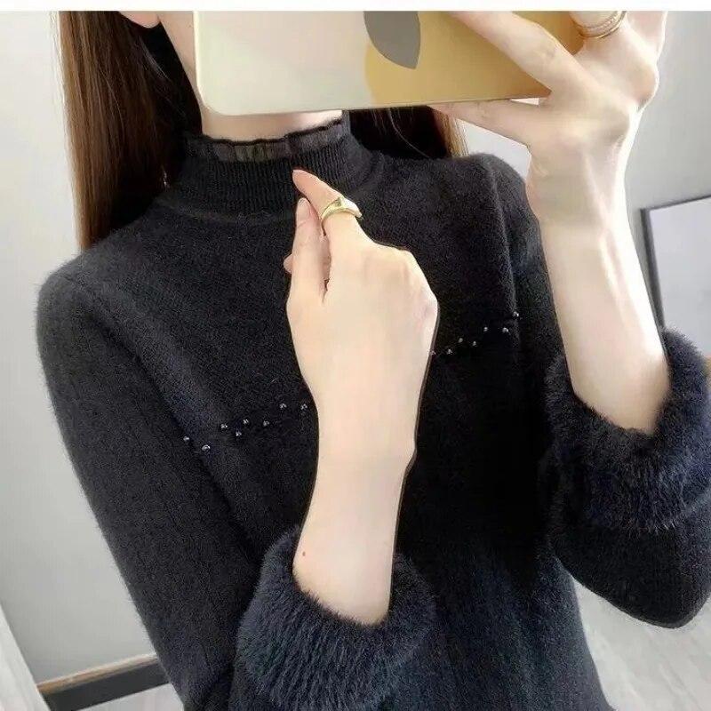 Кружевной трикотаж, теплый интегрированный плюшевый женский свитер, тонкий утепленный пуловер с полувысоким воротом, жемчужный джемпер, осень-зима