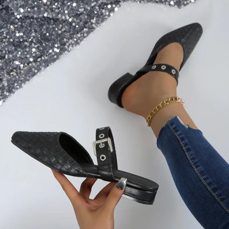 2024 Новые женские тапочки с острым носком, удобные и стильные, на среднем каблуке, простые и универсальные женские туфли Zapatos