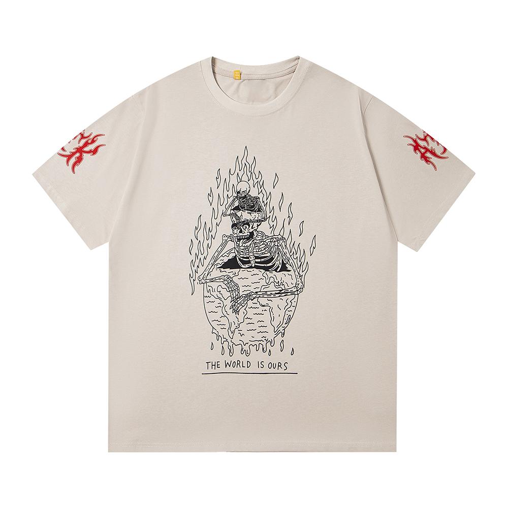 Мужская Женская "Мир Наш" Скелет и Огонь Принт Оверсайз Футболка Streetwear Хлопковая Футболка