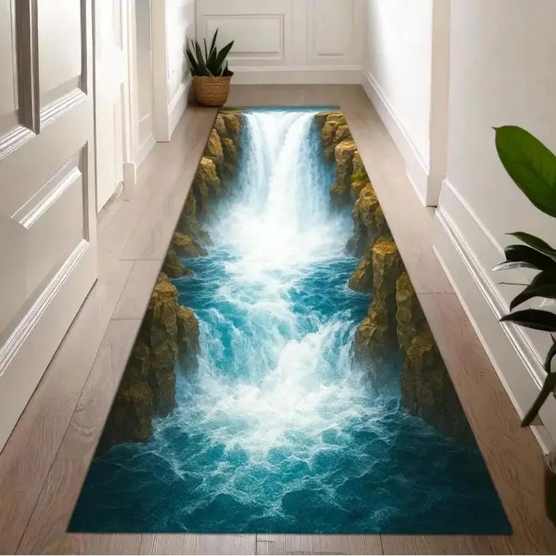 3D Optical Illusion Runner Carpet Waterfall Abyss Entrance Hallway Mat Soft Bedroom Kitchen Rug Home Decor