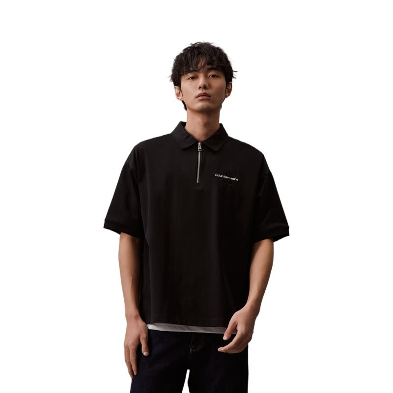 Calvin Klein Letter Embroidery Half-Zip Cotton Loose Short Sleeve Polo Shirt Men Polo Shirts Space-Black J325369