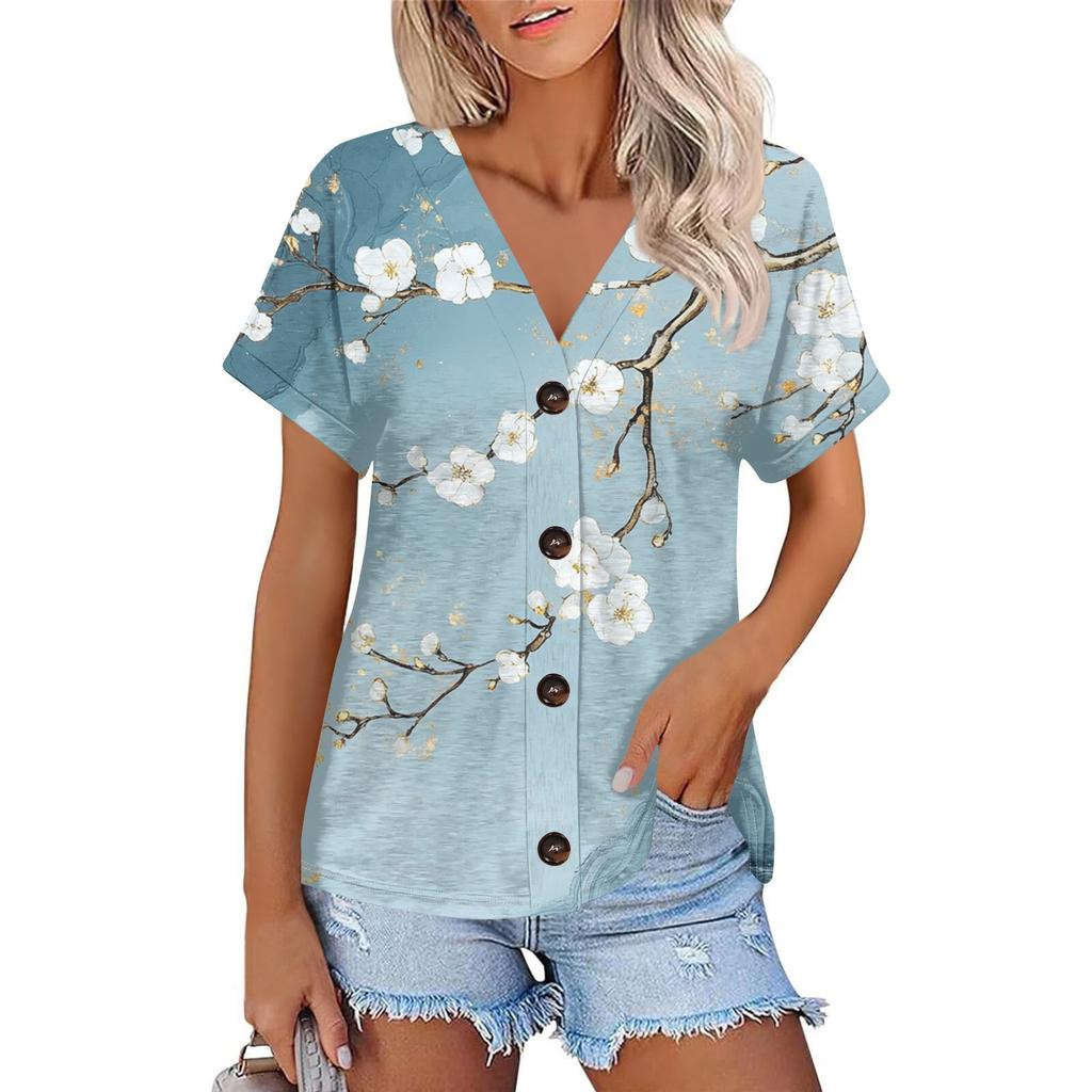 Женская мода с короткими рукавами и V-образным вырезом, повседневная футболка с пуговицами