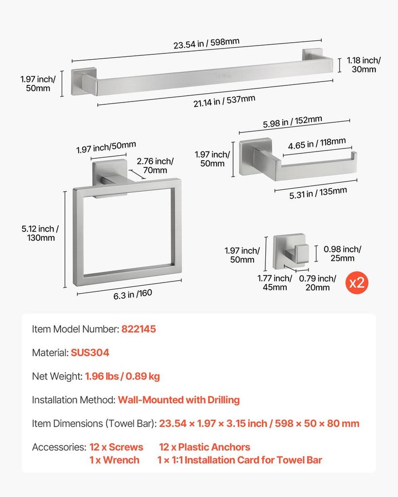 Brushed Nickel Bathroom Hardware Set, 5 Pieces Bathroom Accessories Set, Stainless Steel 24 inch Towel Bar, Towel Rack, 2 Robe Towel Hooks, Toilet