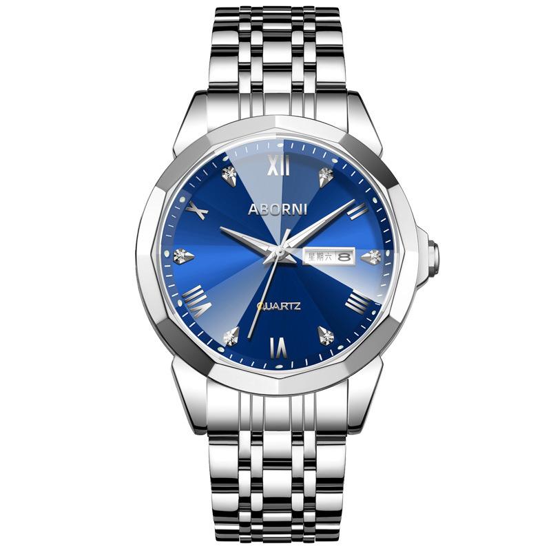 Мужские часы ABORNI, деловые наручные часы с двойным календарем, модные кварцевые мужские часы из зеркальной стали с бриллиантами и бриллиантами