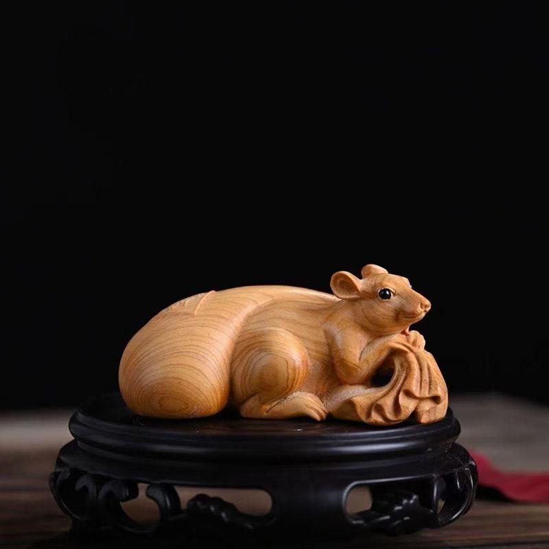Wood Carving Zodiac Rat Attracting Wealth Sculptures Figurines Cute Small Animals Home Room Office Wealth Luck Decor