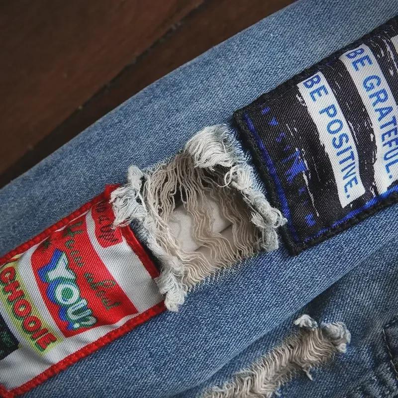 Мужская рваная джинсовая куртка: Модная японская ретро-мода, уличный стиль с вышитой этикеткой, красивый рабочий верх