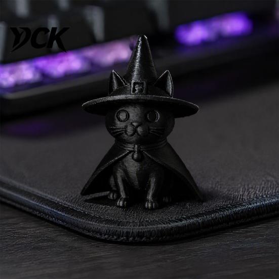 Dark Cute Halloween Table Decor Gothic Witch Hat Black Cat Figurine, 3D Printed Wizard Cloak Kitten Detailed Textured Statue Statue, Spooky