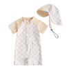 Boys Girls Short Sleeve Swimwear Casual Plaid Print Zipper Rash Guard Swimsuit and Hat Beachwear Bathing Suit