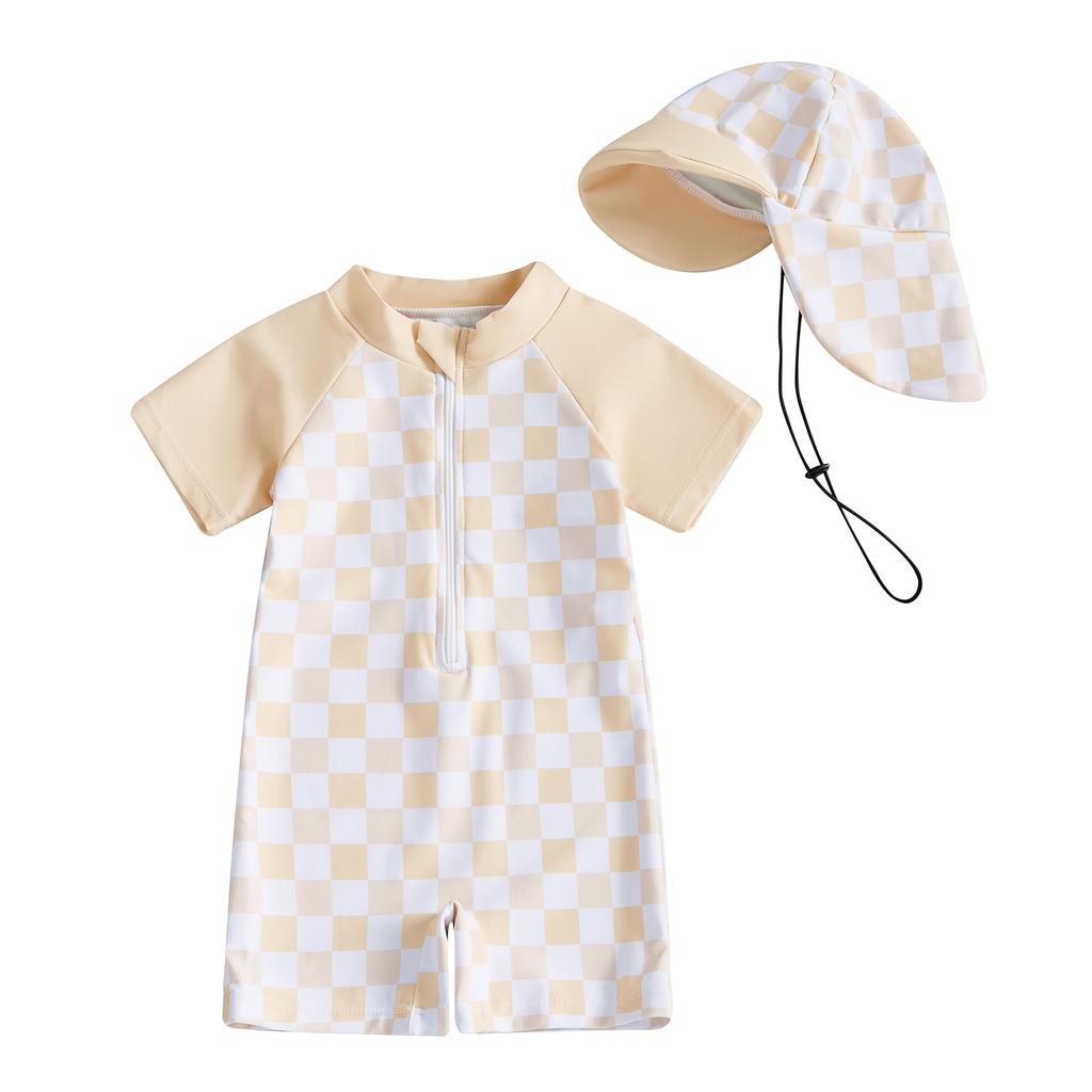 Boys Girls Short Sleeve Swimwear Casual Plaid Print Zipper Rash Guard Swimsuit and Hat Beachwear Bathing Suit