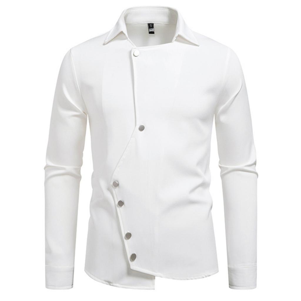 Men's Casual Solid-color Long-sleeved Shirt, Men's Slanted Front Button-down Lapel Shirt