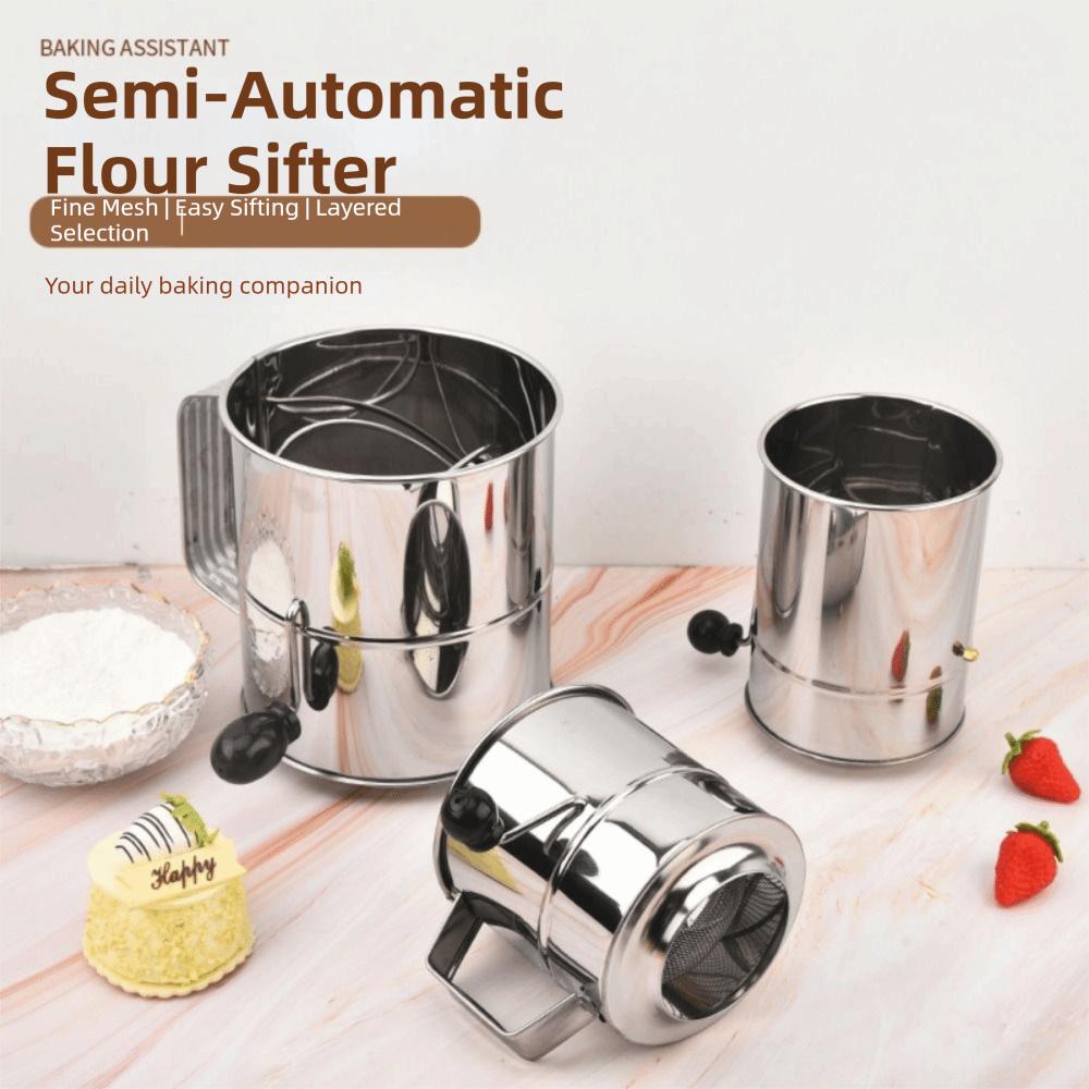 Stainless Steel Flour Sifter Hand Crank Powder Sugar Shake Ergonomic Tool Flour Sieve Cupcakes