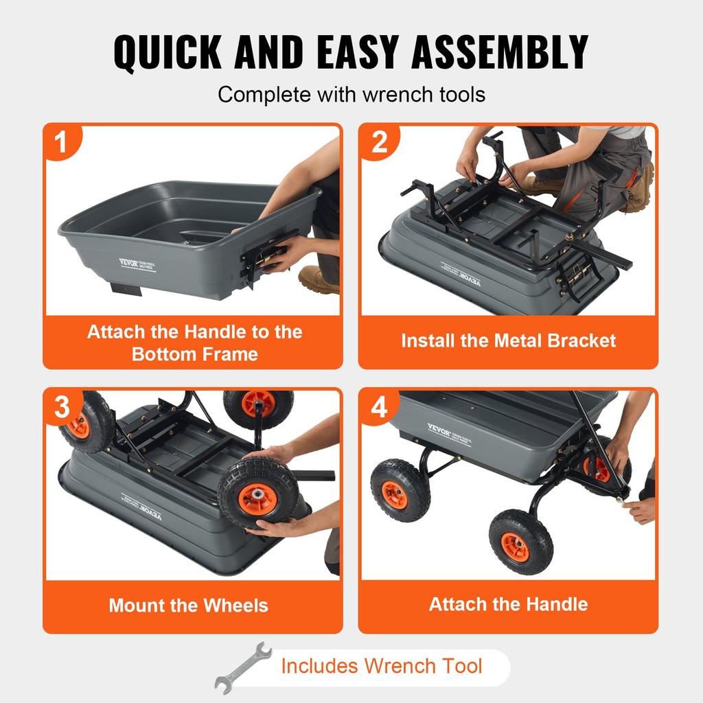 VEVOR Dump Cart, Poly Garden Dump Cart with Easy to Assemble Steel Frame, Dump Wagon with 2-in-1 Convertible Handle