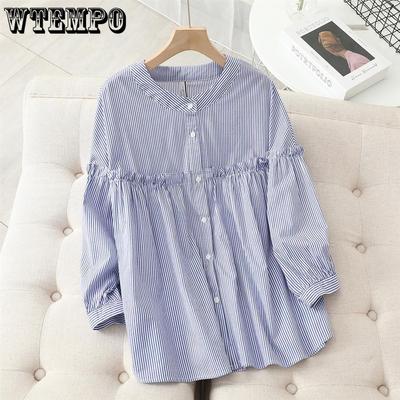 Корейская повседневная рубашка в полоску с воротником-стойкой для женщин, универсальная рубашка с рукавом 9 четвертей и шнуровкой