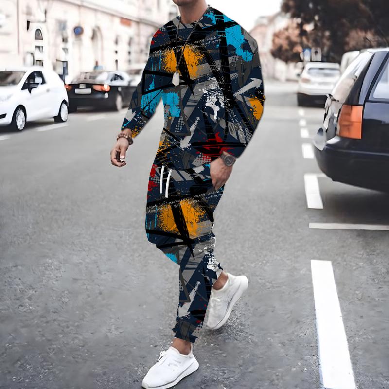 Spring Fall 3D Printed Square Graffiti Pattern Men's Long Sleeve Suit Fashion Casual Street O Collar Sweatshirt And Pants Suit