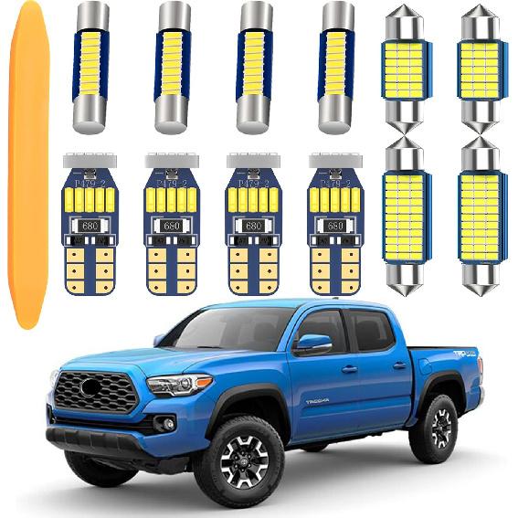 LED Interior Light Kit Package for Toyota Tacoma 2005- Interior Map Dome Lights + Vanity Mirror Lights + License Plate Lights + tall Tool (12pcs LED
