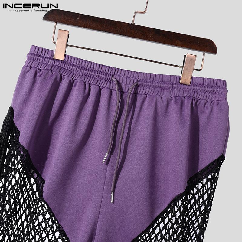 INCERUN Men Mesh Patchwork Pants High Waist Tassel See Through Trousers