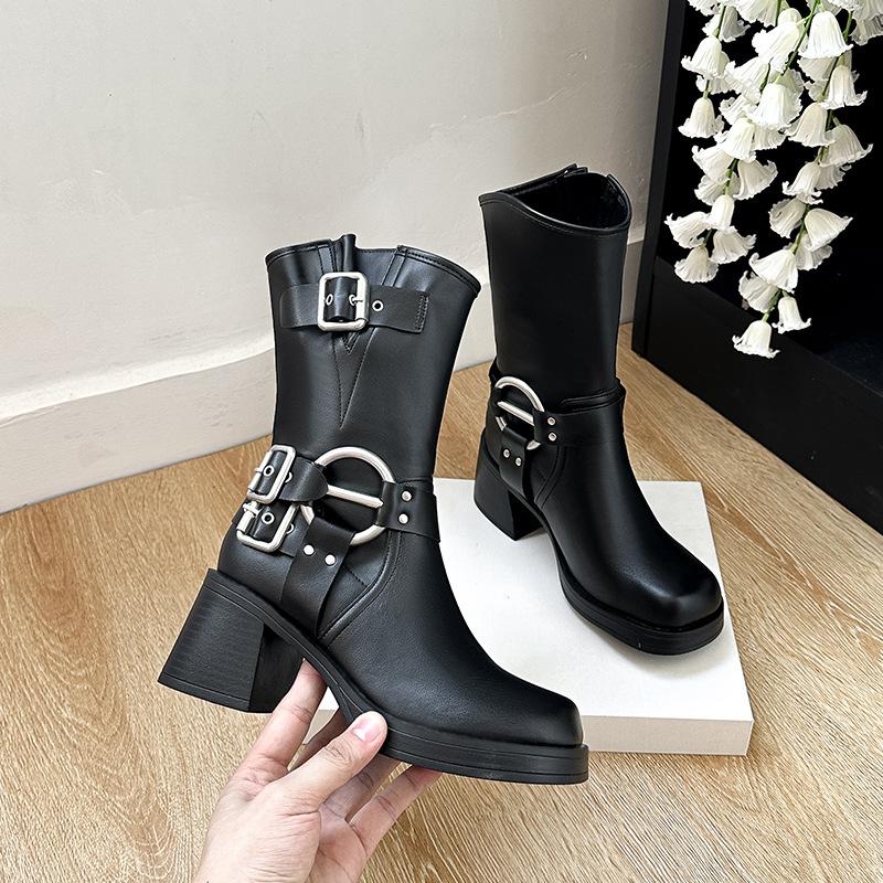 Three-buckle version retro short locomotive Martin boots 2025 autumn belt buckle thick heel heightening short boots autumn and winter women