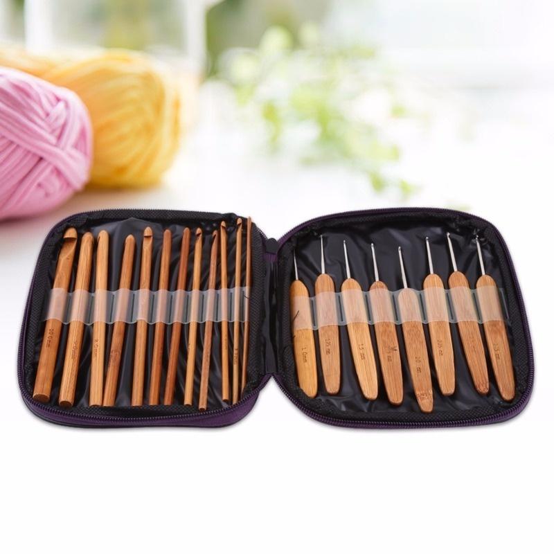 20pcs/set Crochet Hook Steel Knitting Needles Knit Bamboo Handle Needles Circular Knitting Needles Bamboo Knitting Needles