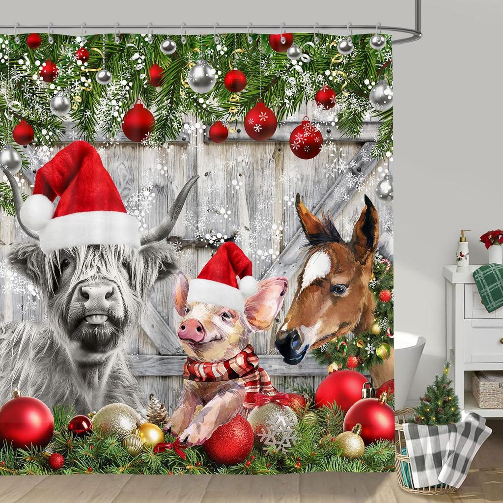 Funny Christmas Shower Curtain, Rustic Farmhouse Winter Christmas Ball Snowflake Shower Curtain Holiday Decorative, Farm Animals