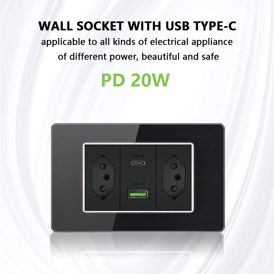 Brazil US Wall Light Switch Power Socket with USB Type-c 20W,Italy Chilean Fast Charging Tempered Glass Panel Universal Outlet