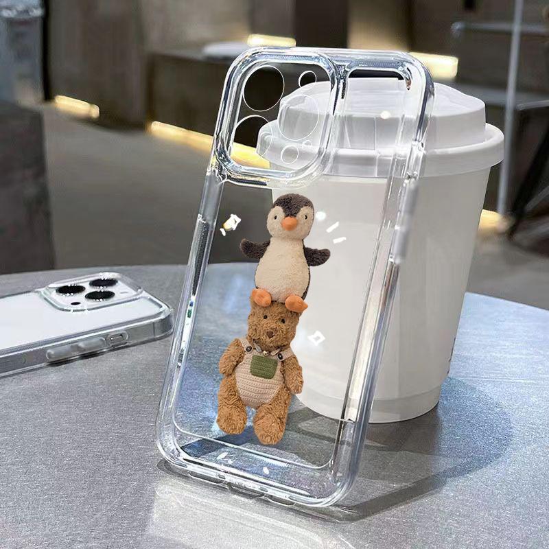 Cute Peeking Teddy Bear Clear Pattern Design Protective Cover for iPhone 17 16 15 14 13 12 11 16E Series Pro Max Plus