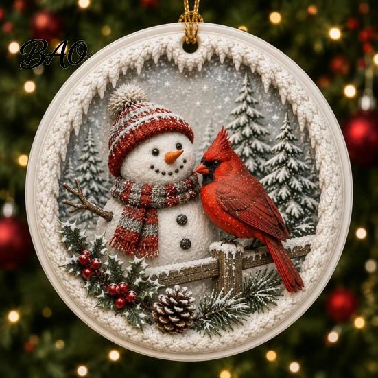 Warm Companionship Winter Decor 2 Pcs Red Bird Christmas Ornaments, 2D Round Acrylic Snowy Scene Thoughtful Presents for Friends Xmas Tree Hanging