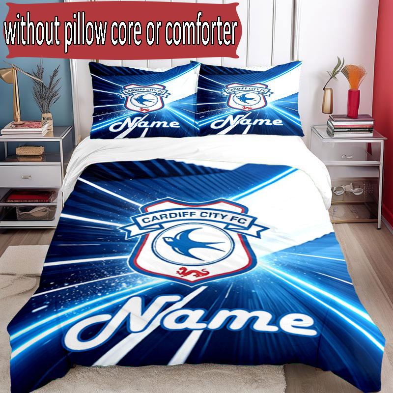 3pcs Duvet Cover Set (1*Duvet Cover + 2*Pillowcase, Without Core), Custom Name Cardiff City FC Pattern Bedding Set, Home Bedroom Decor Gift