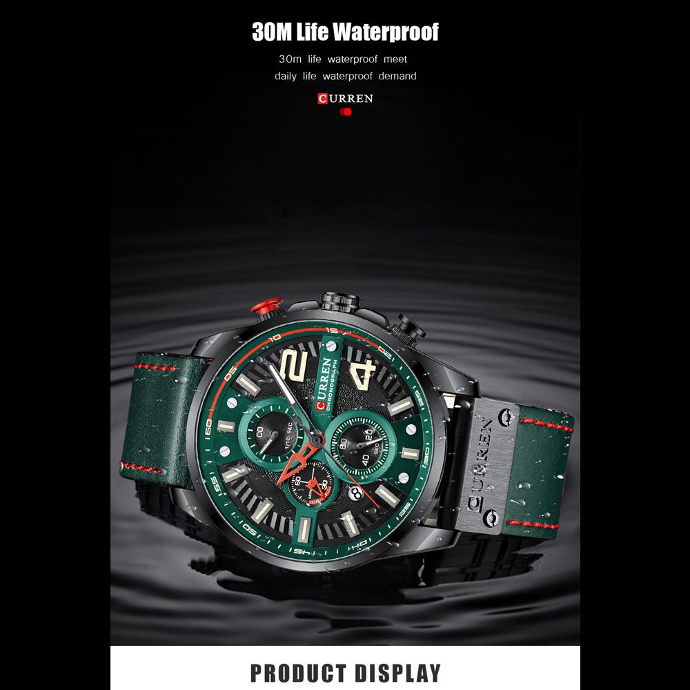 CURREN Мужские кожаные наручные часы с хронографом, модные зеленые мужские часы с дизайнерским циферблатом