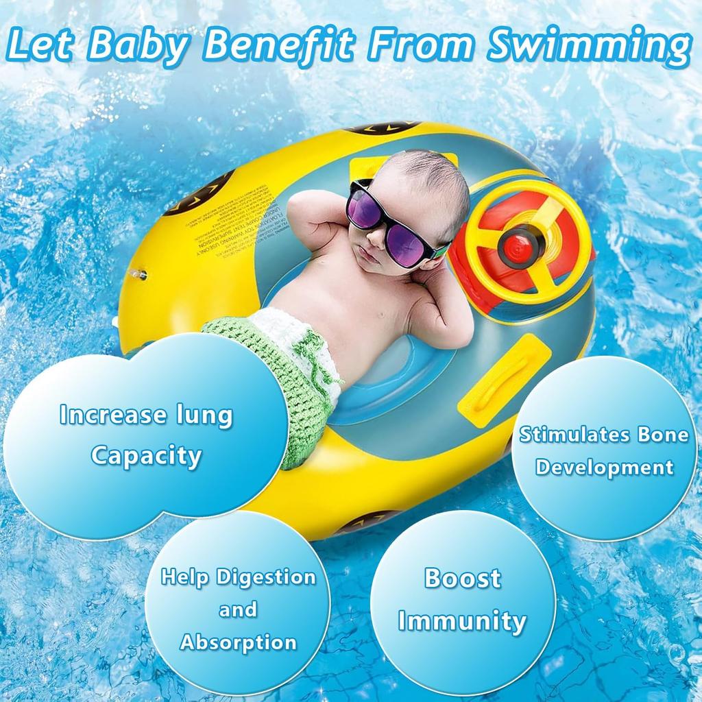 Children's Inflatable Swimming RingCute Car  Seat Toddler   Float Seat Boat with Steering Wheel Horn and Handles, Pool Toy for Girls Boys 1-5 Years