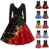 Women's Casual Fashion V-neck Long Sleeved Retro Christmas Print Retro Dress