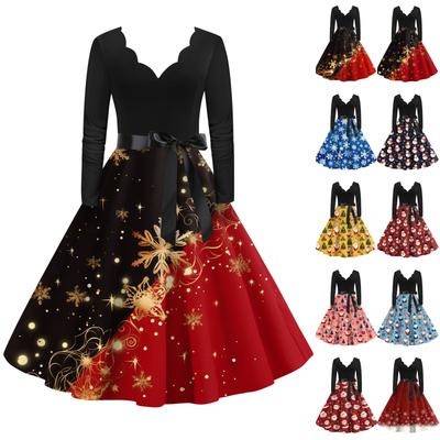 Женское повседневное модное платье с V-образным вырезом и длинными рукавами в стиле ретро с рождественским принтом