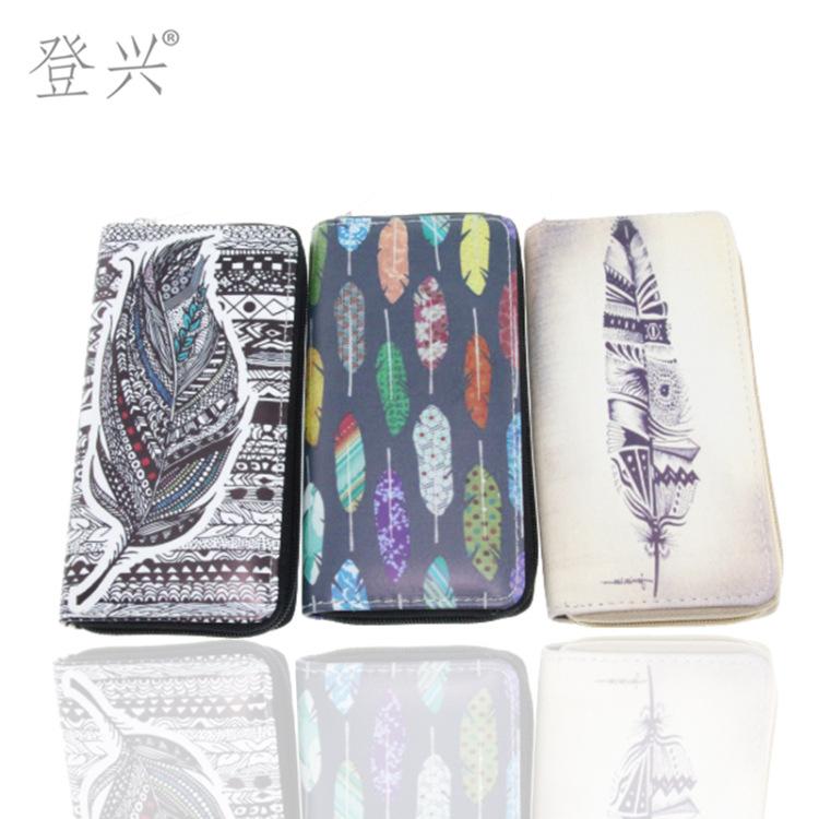 Новый этнический стиль перо длинный ПУ кошелек, кошелек-клатч с подвеской-колокольчиком